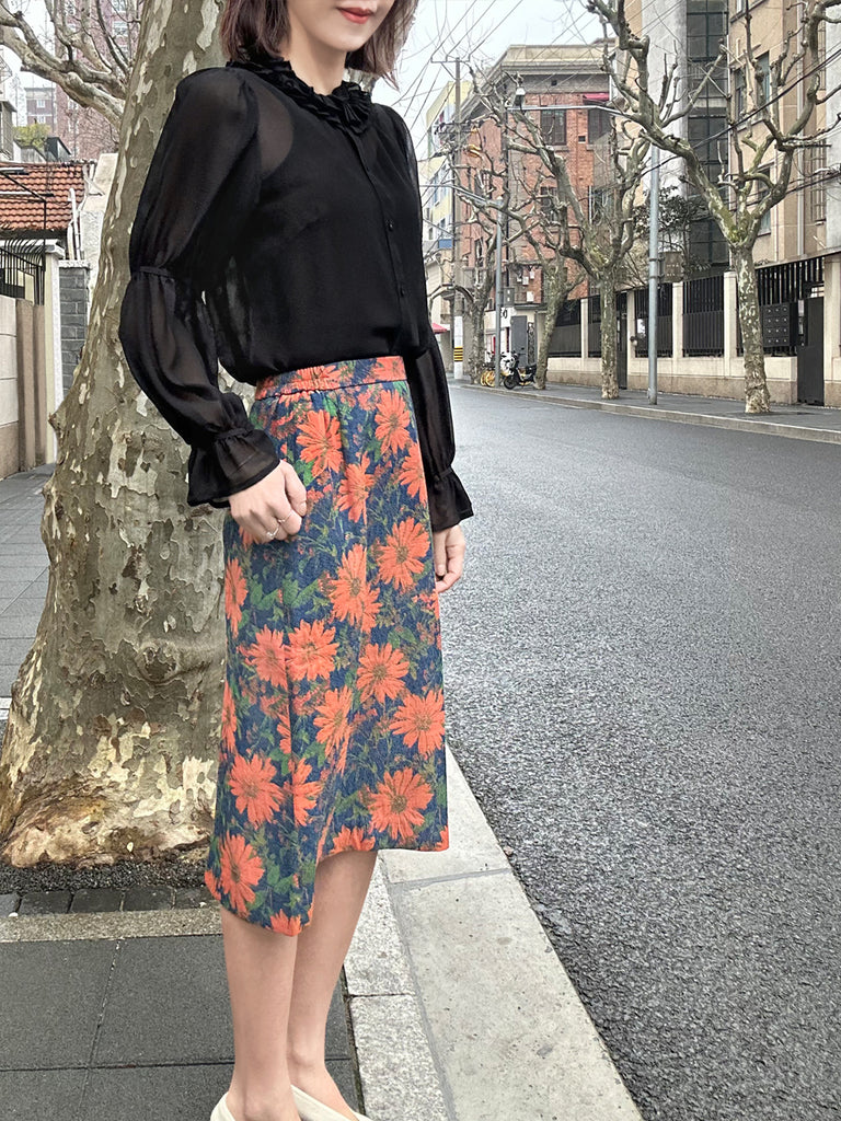 Final Sale! Sheer Noir Pleated Collar Tiers Sleeve Silky Blouse