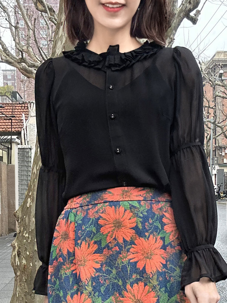 Final Sale! Sheer Noir Pleated Collar Tiers Sleeve Silky Blouse