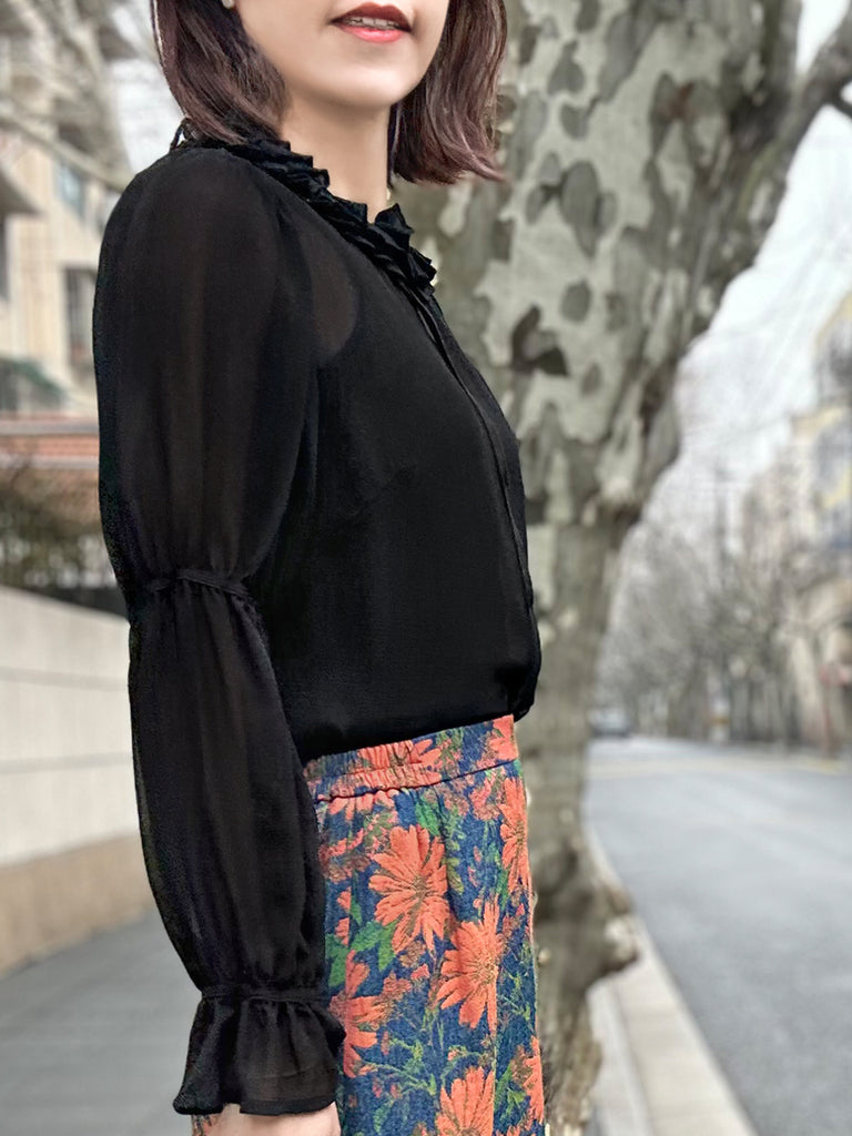 Final Sale! Sheer Noir Pleated Collar Tiers Sleeve Silky Blouse