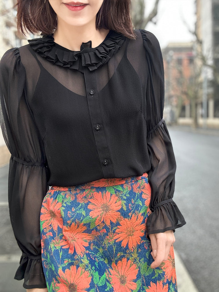 Final Sale! Sheer Noir Pleated Collar Tiers Sleeve Silky Blouse