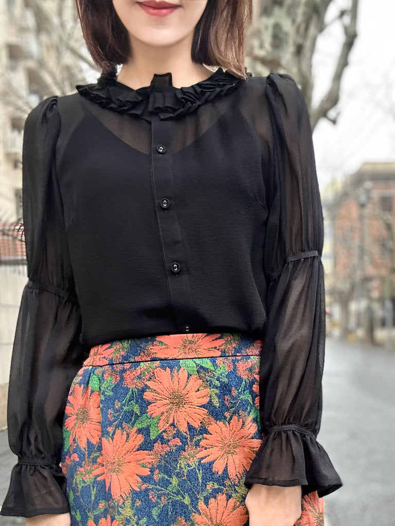 Final Sale! Sheer Noir Pleated Collar Tiers Sleeve Silky Blouse