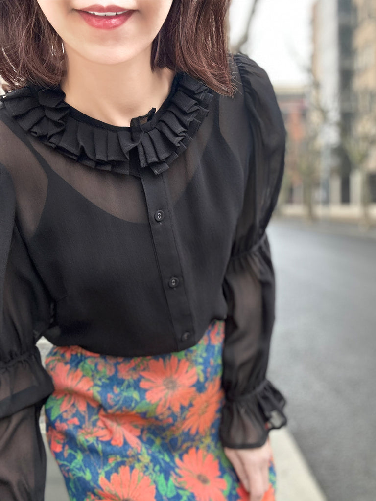 Final Sale! Sheer Noir Pleated Collar Tiers Sleeve Silky Blouse