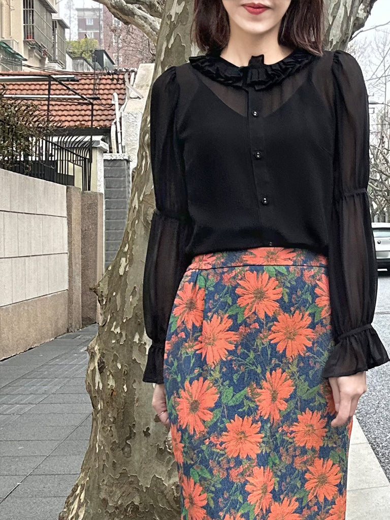 Final Sale! Sheer Noir Pleated Collar Tiers Sleeve Silky Blouse