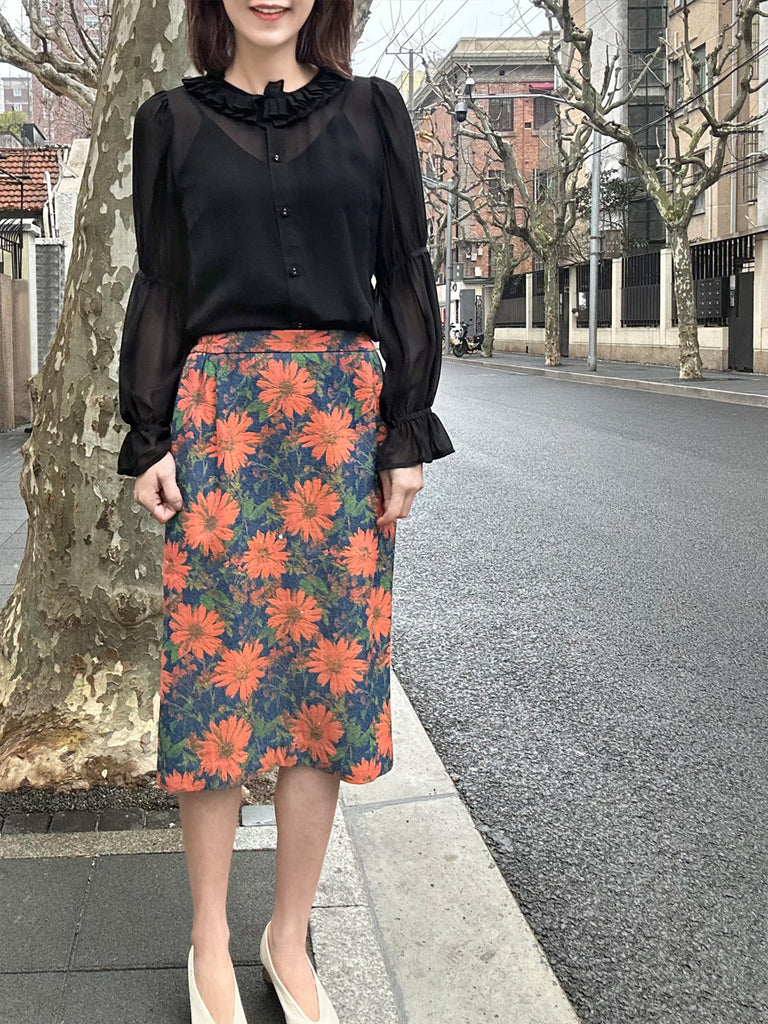 Final Sale! Sheer Noir Pleated Collar Tiers Sleeve Silky Blouse