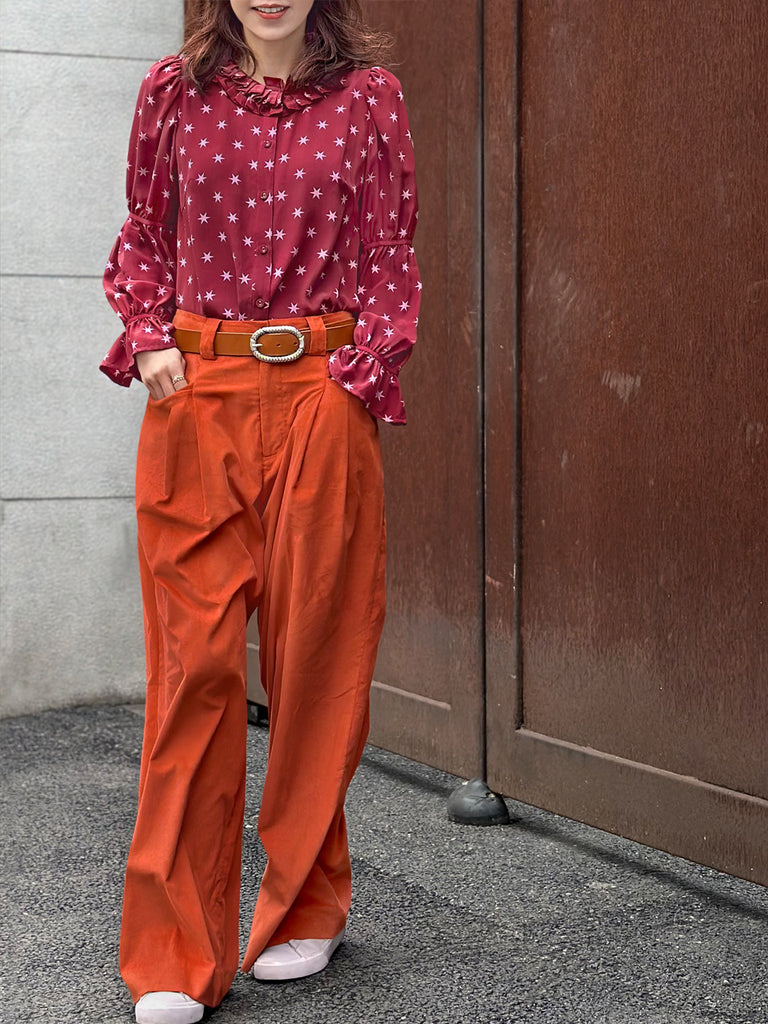 Final Sale! Burgundy Stars Pleated Collar Tiers Sleeve Silky Blouse