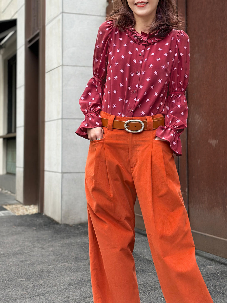 Final Sale! Burgundy Stars Pleated Collar Tiers Sleeve Silky Blouse