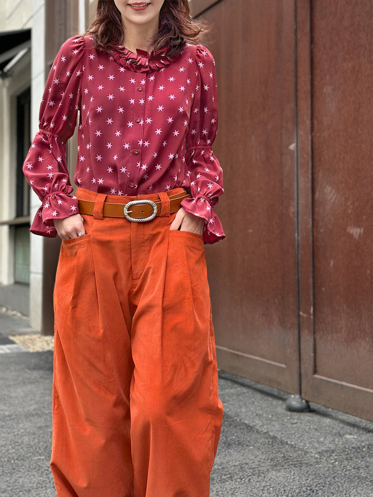 Final Sale! Burgundy Stars Pleated Collar Tiers Sleeve Silky Blouse