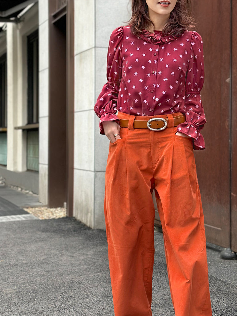 Final Sale! Burgundy Stars Pleated Collar Tiers Sleeve Silky Blouse