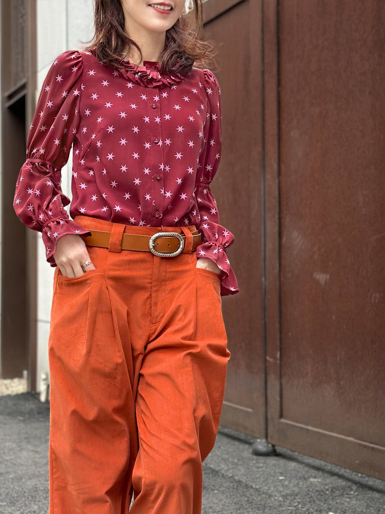 Final Sale! Burgundy Stars Pleated Collar Tiers Sleeve Silky Blouse