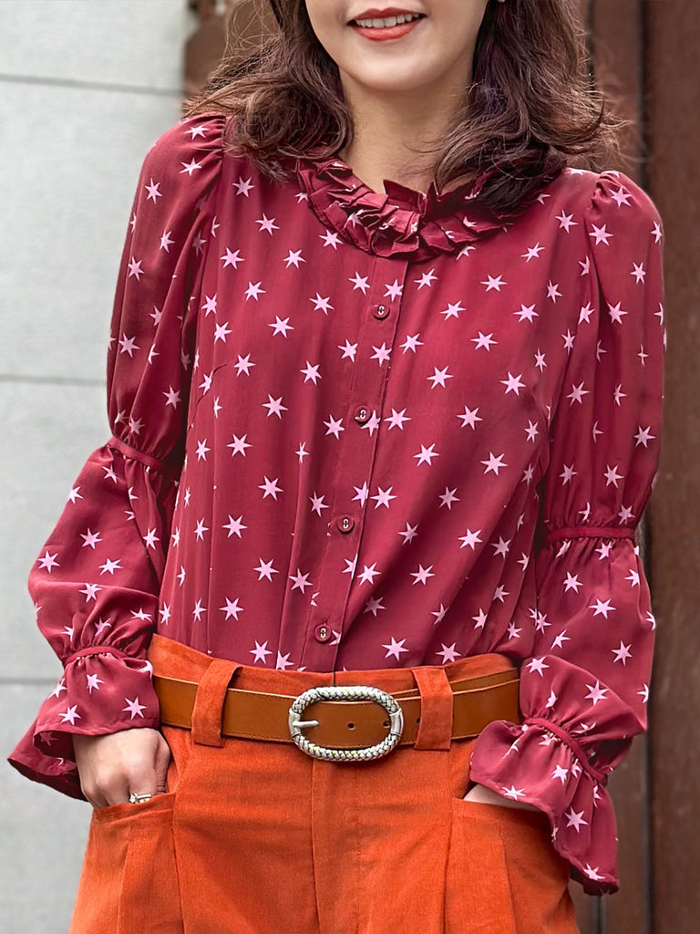 Final Sale! Burgundy Stars Pleated Collar Tiers Sleeve Silky Blouse