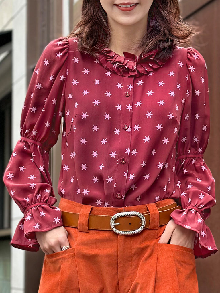 Final Sale! Burgundy Stars Pleated Collar Tiers Sleeve Silky Blouse