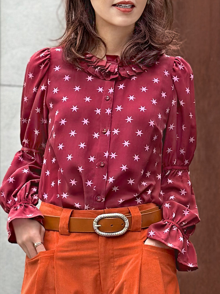 Final Sale! Burgundy Stars Pleated Collar Tiers Sleeve Silky Blouse