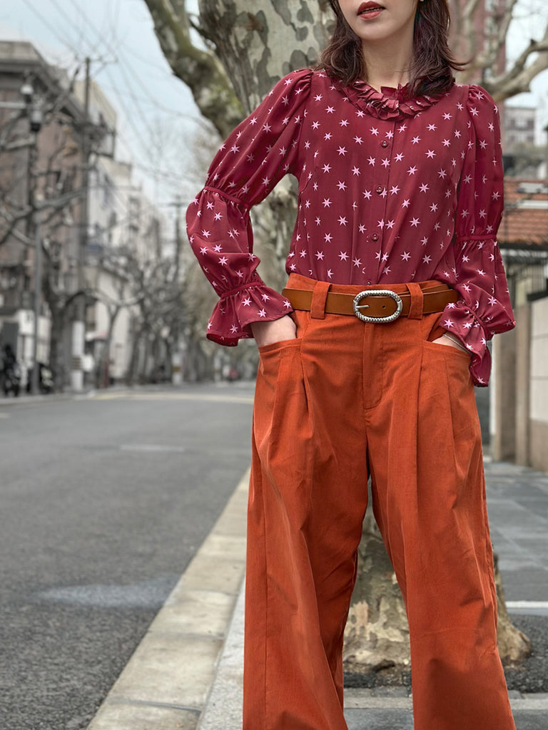 Final Sale! Burgundy Stars Pleated Collar Tiers Sleeve Silky Blouse