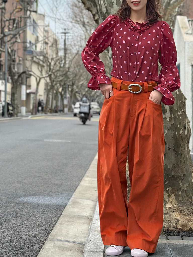Final Sale! Burgundy Stars Pleated Collar Tiers Sleeve Silky Blouse