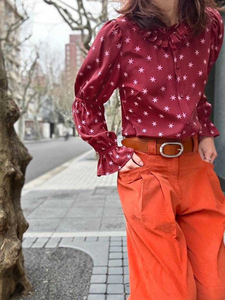 Final Sale! Burgundy Stars Pleated Collar Tiers Sleeve Silky Blouse