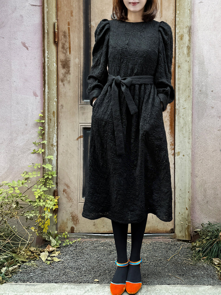 Surprise Sale! Black Jacquard Sash Tie Puff-Sleeve Elegant Midi Dress