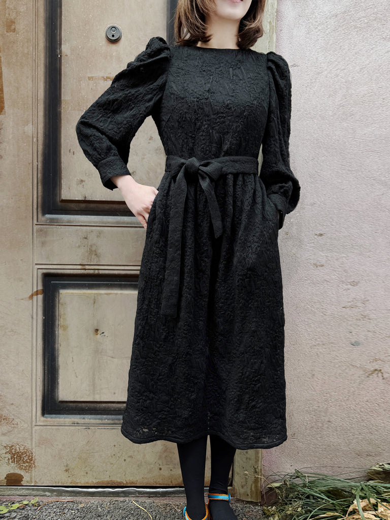 Surprise Sale! Black Jacquard Sash Tie Puff-Sleeve Elegant Midi Dress