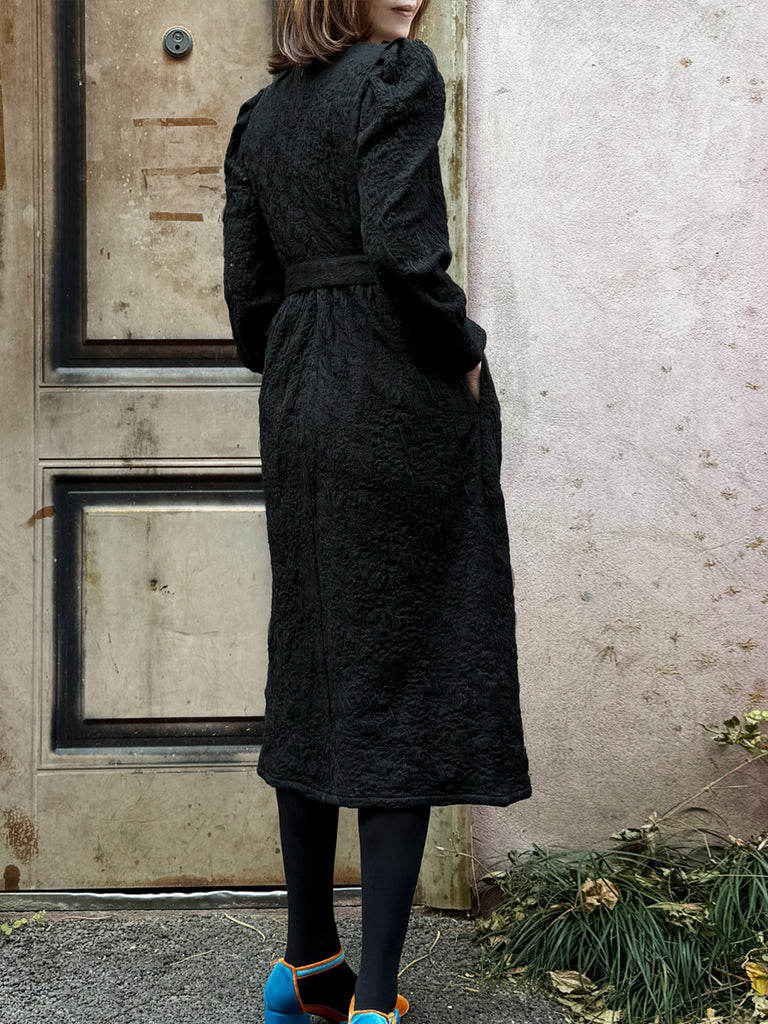 Surprise Sale! Black Jacquard Sash Tie Puff-Sleeve Elegant Midi Dress