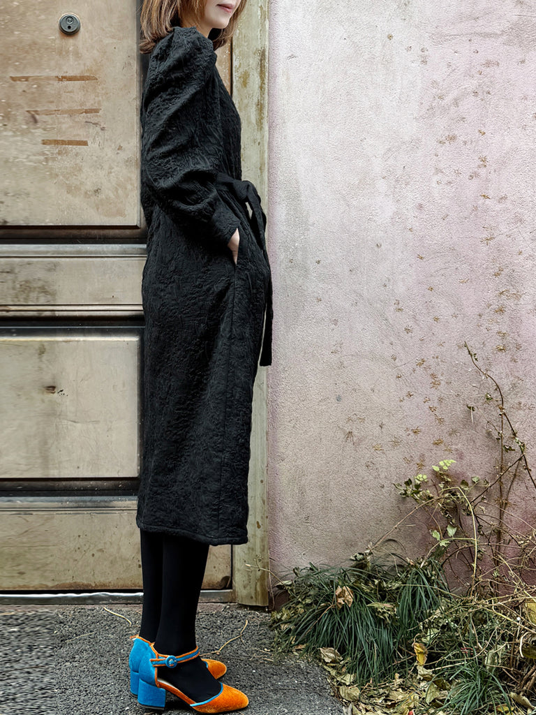 Surprise Sale! Black Jacquard Sash Tie Puff-Sleeve Elegant Midi Dress