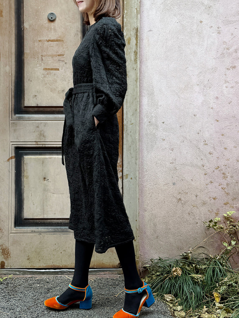 Surprise Sale! Black Jacquard Sash Tie Puff-Sleeve Elegant Midi Dress