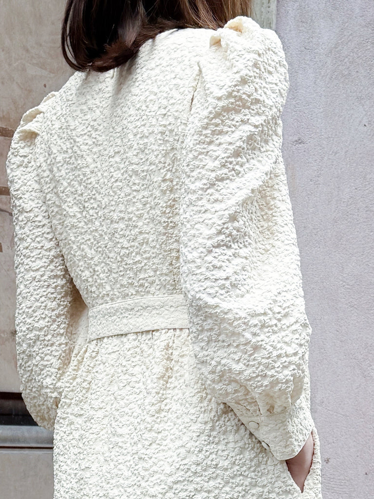 Surprise Sale! Ecru Jacquard Sash Tie Puff-Sleeve Elegant Midi Dress