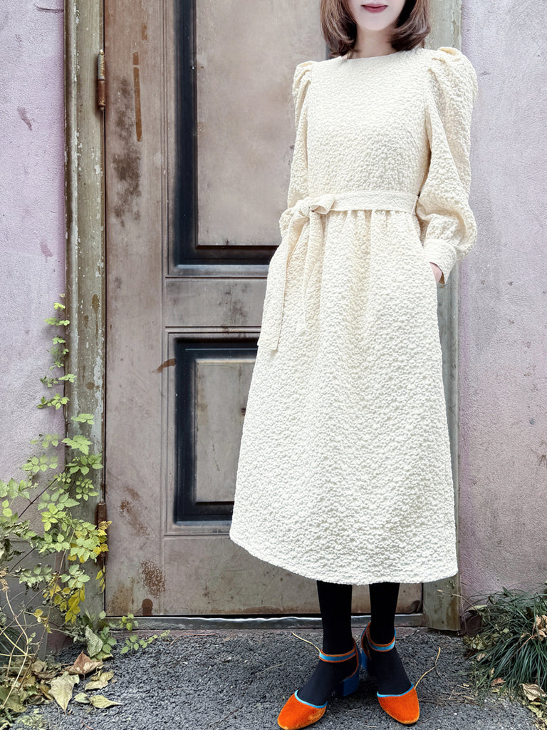 Surprise Sale! Ecru Jacquard Sash Tie Puff-Sleeve Elegant Midi Dress