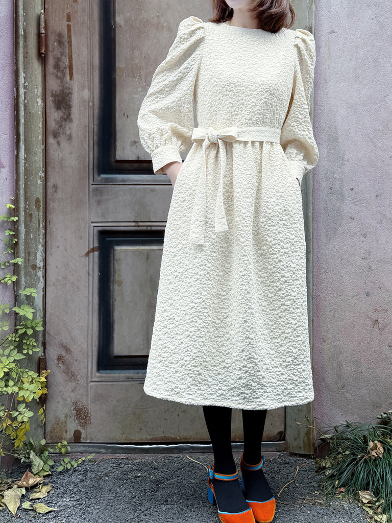 Surprise Sale! Ecru Jacquard Sash Tie Puff-Sleeve Elegant Midi Dress
