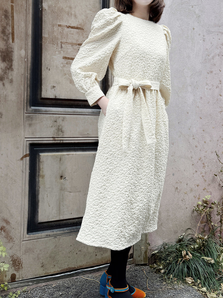 Surprise Sale! Ecru Jacquard Sash Tie Puff-Sleeve Elegant Midi Dress