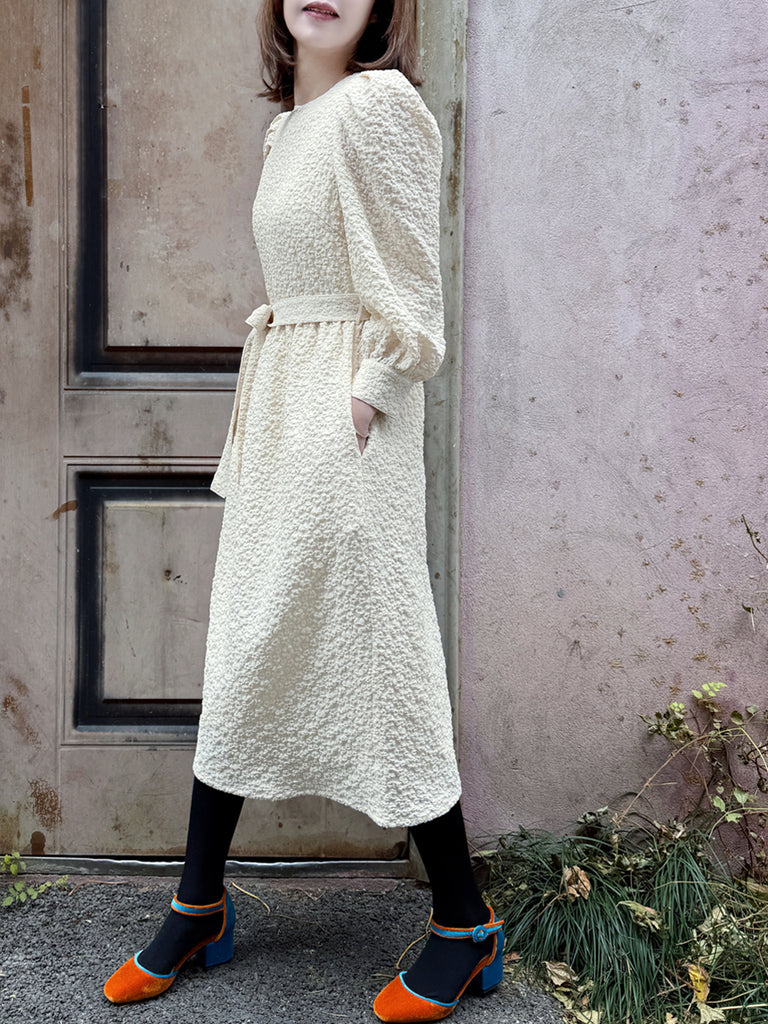 Surprise Sale! Ecru Jacquard Sash Tie Puff-Sleeve Elegant Midi Dress