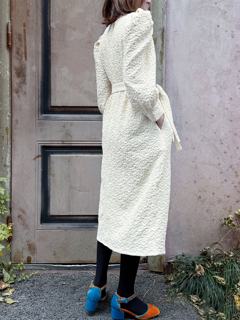 Surprise Sale! Ecru Jacquard Sash Tie Puff-Sleeve Elegant Midi Dress