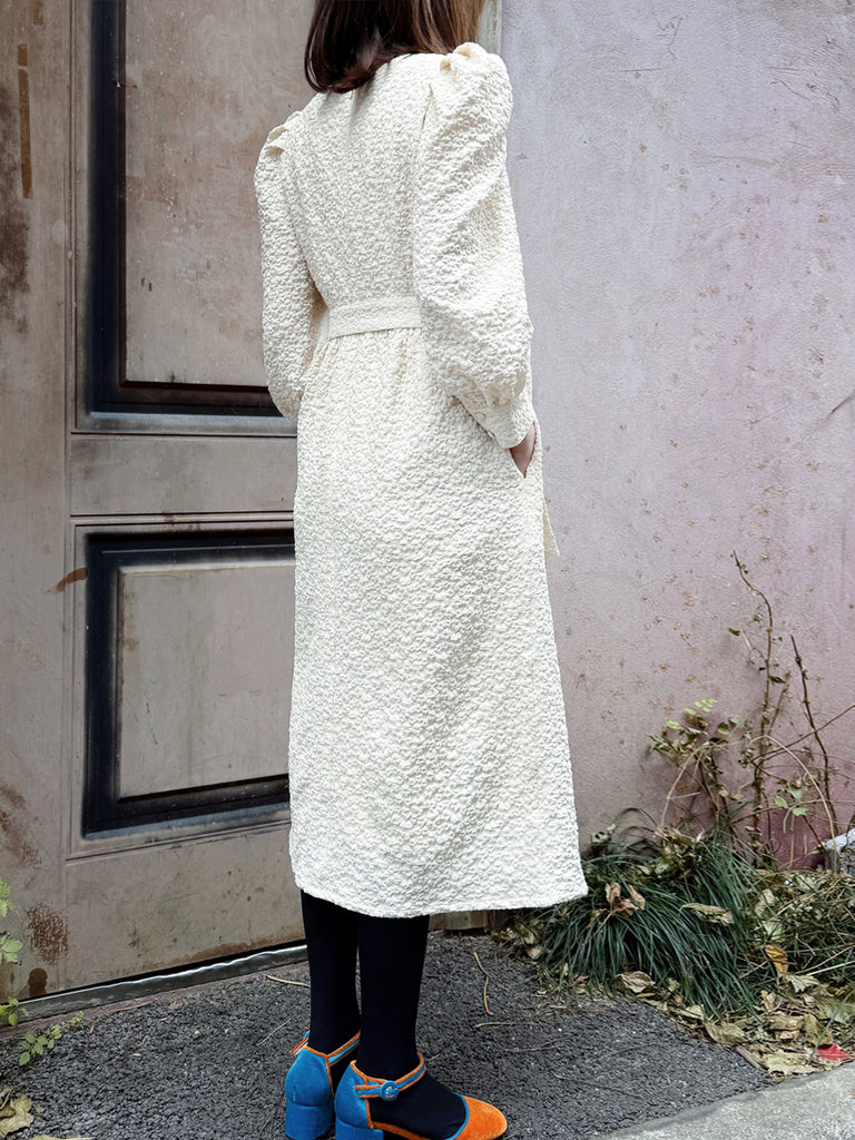 Surprise Sale! Ecru Jacquard Sash Tie Puff-Sleeve Elegant Midi Dress
