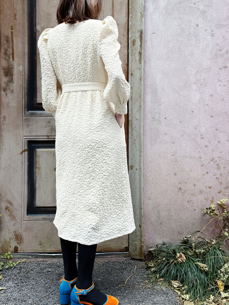 Surprise Sale! Ecru Jacquard Sash Tie Puff-Sleeve Elegant Midi Dress