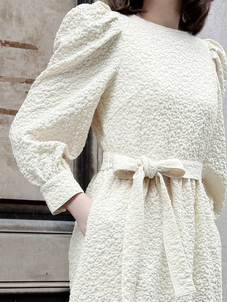 Surprise Sale! Ecru Jacquard Sash Tie Puff-Sleeve Elegant Midi Dress