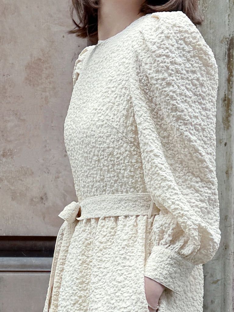 Surprise Sale! Ecru Jacquard Sash Tie Puff-Sleeve Elegant Midi Dress