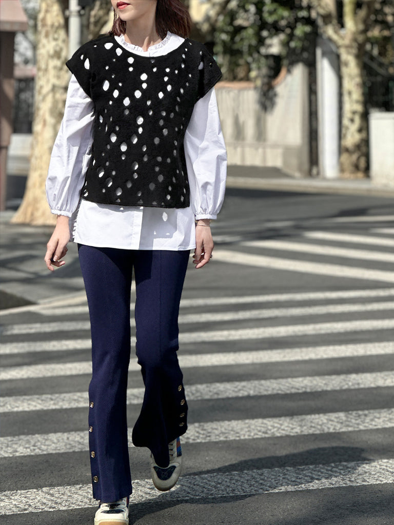 Surprise Sale! Black Polka-Dot Felted Relax Fit Woollen Sleeveless Top