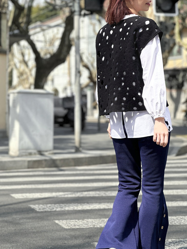 Surprise Sale! Black Polka-Dot Felted Relax Fit Woollen Sleeveless Top