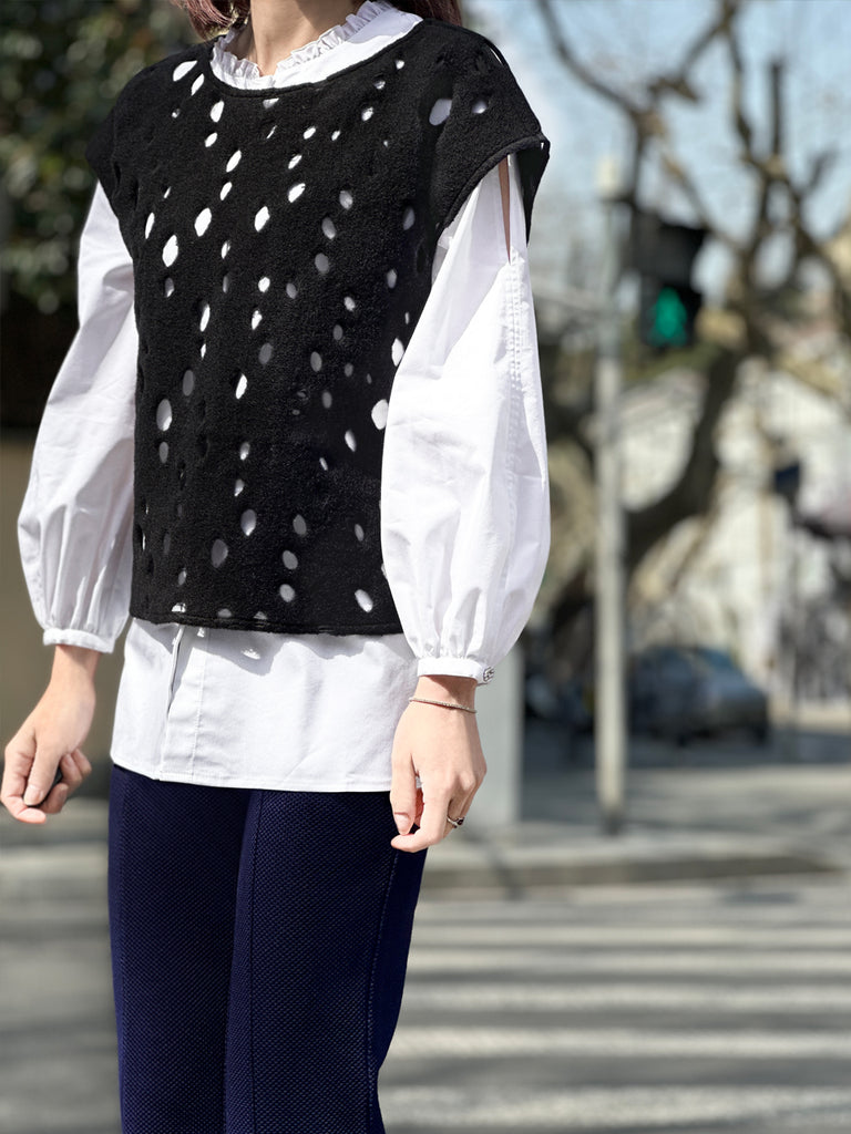 Surprise Sale! Black Polka-Dot Felted Relax Fit Woollen Sleeveless Top