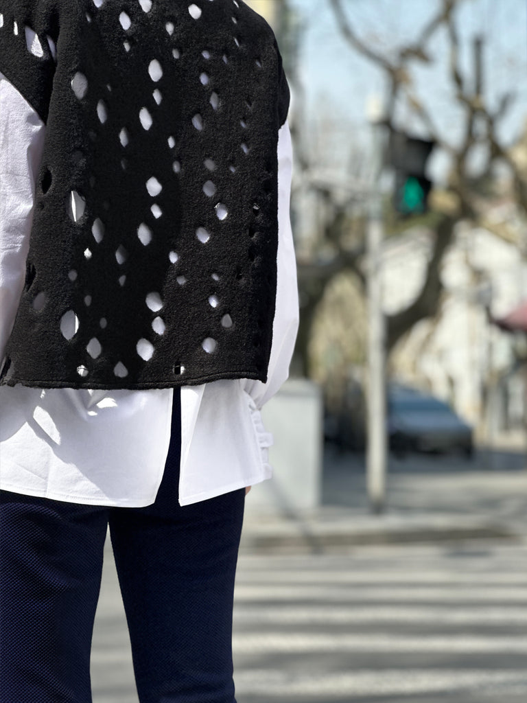 Surprise Sale! Black Polka-Dot Felted Relax Fit Woollen Sleeveless Top