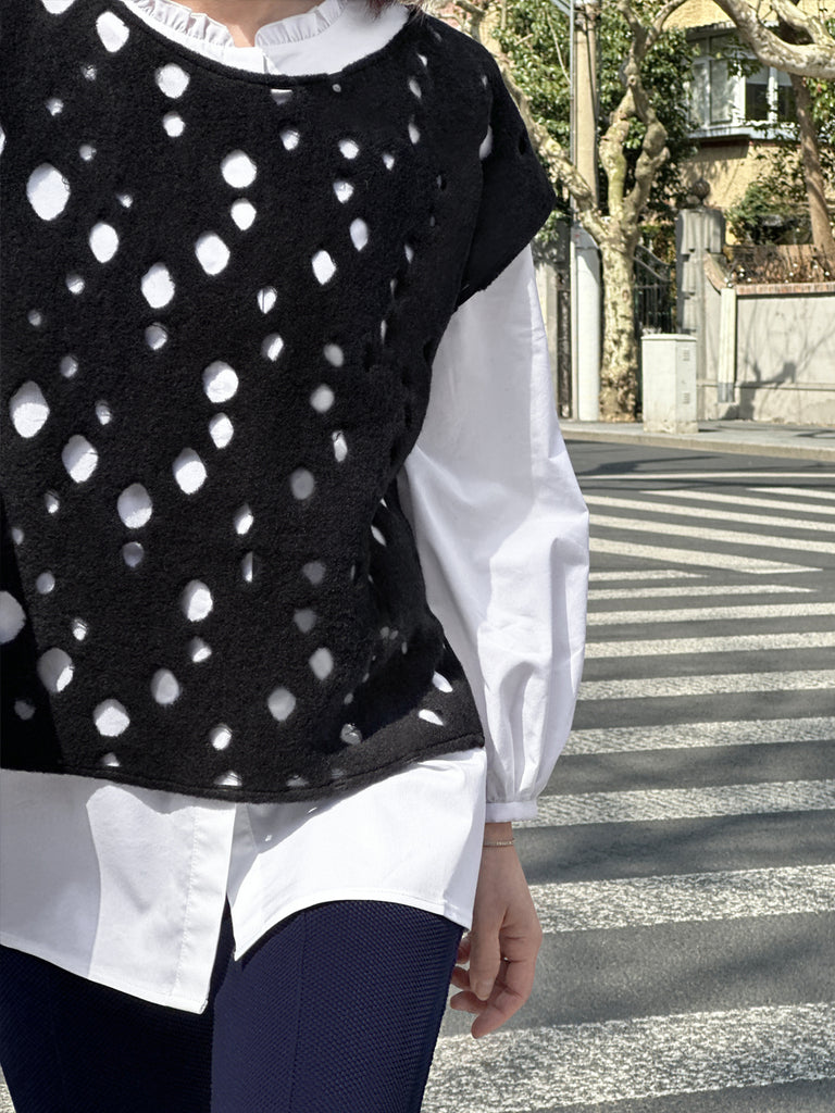 Surprise Sale! Black Polka-Dot Felted Relax Fit Woollen Sleeveless Top