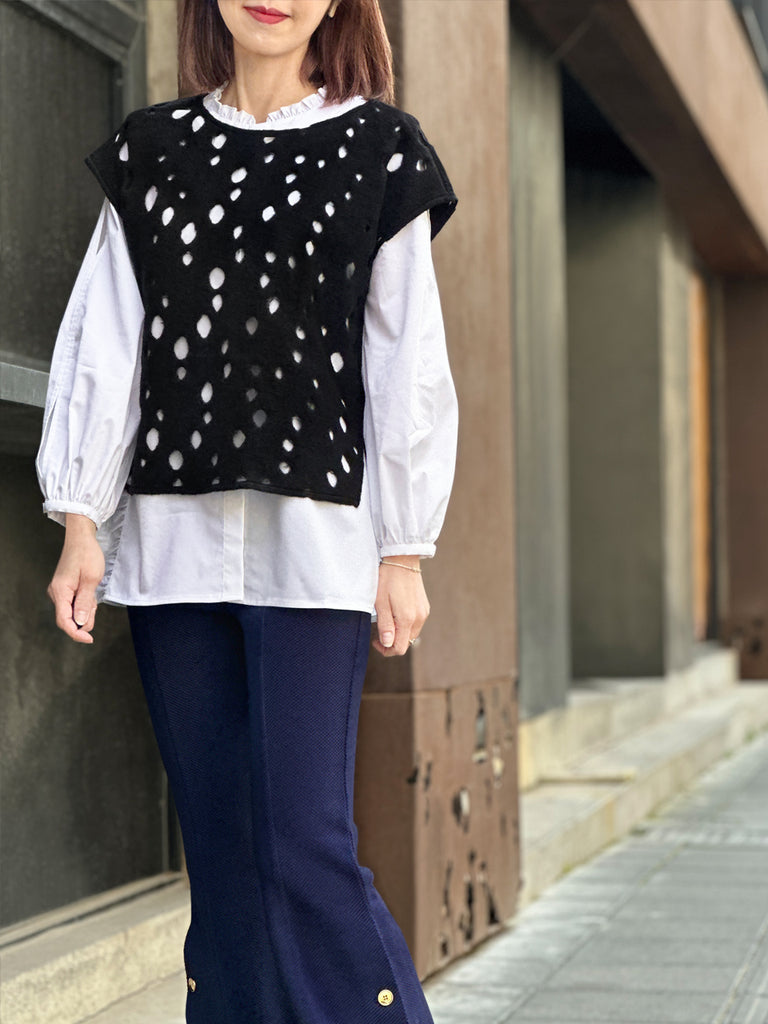 Surprise Sale! Black Polka-Dot Felted Relax Fit Woollen Sleeveless Top