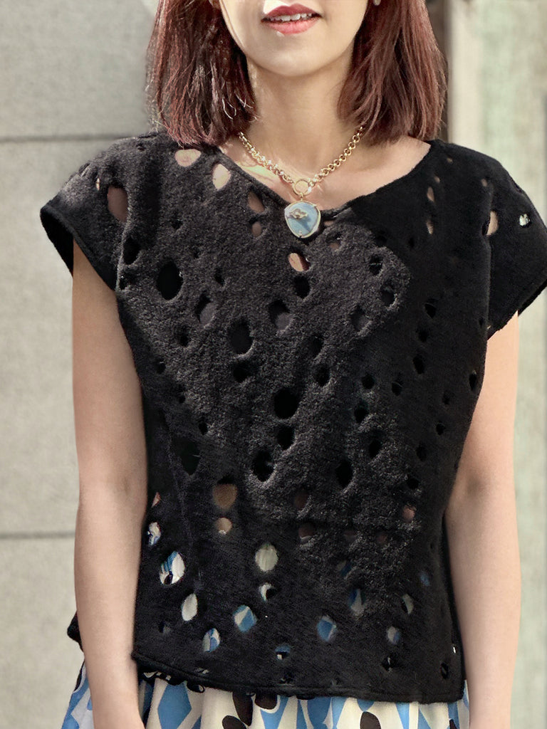 Surprise Sale! Black Polka-Dot Felted Relax Fit Woollen Sleeveless Top