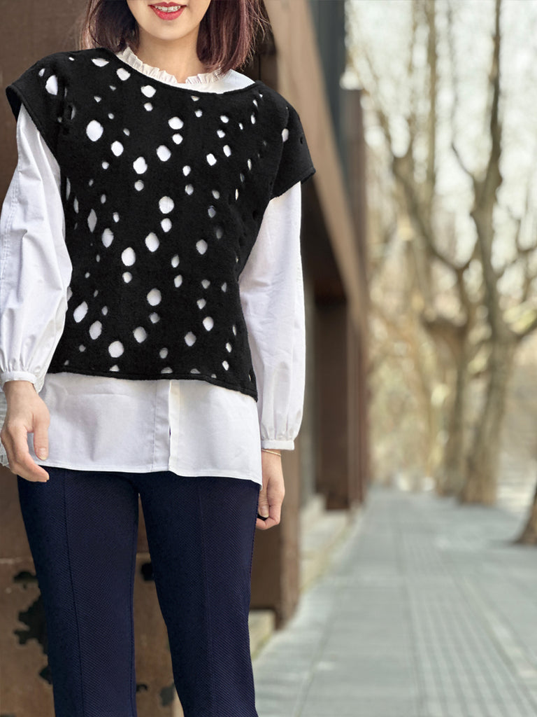 Surprise Sale! Black Polka-Dot Felted Relax Fit Woollen Sleeveless Top