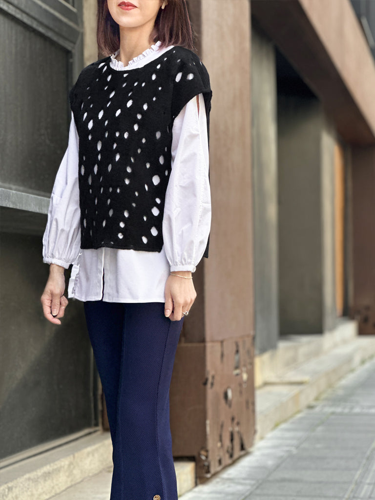 Surprise Sale! Black Polka-Dot Felted Relax Fit Woollen Sleeveless Top