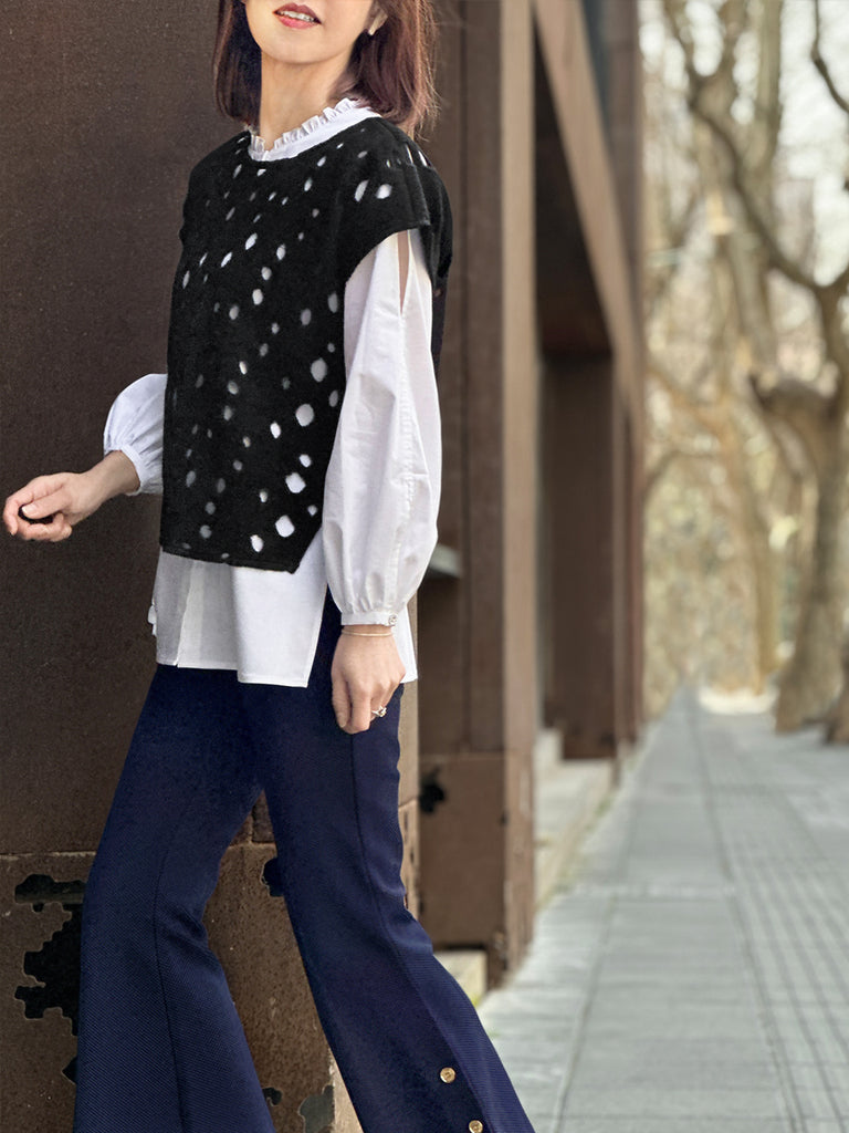 Surprise Sale! Black Polka-Dot Felted Relax Fit Woollen Sleeveless Top