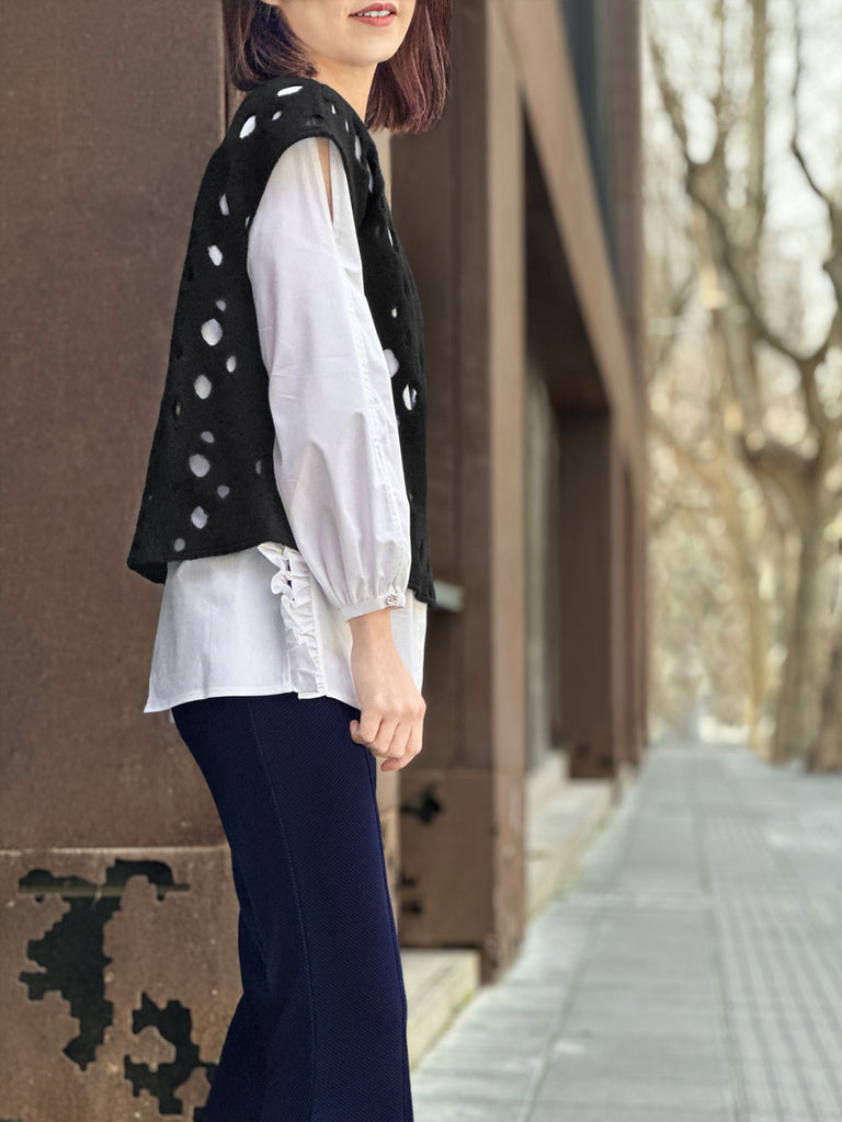 Surprise Sale! Black Polka-Dot Felted Relax Fit Woollen Sleeveless Top