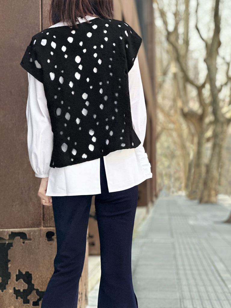 Surprise Sale! Black Polka-Dot Felted Relax Fit Woollen Sleeveless Top