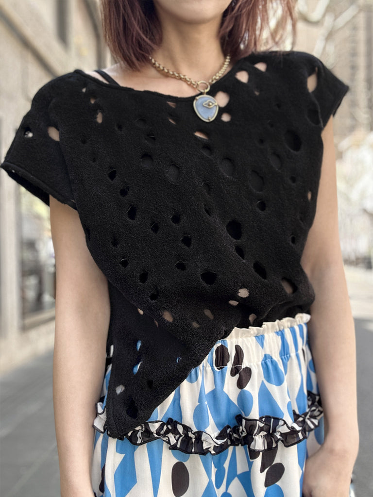 Surprise Sale! Black Polka-Dot Felted Relax Fit Woollen Sleeveless Top