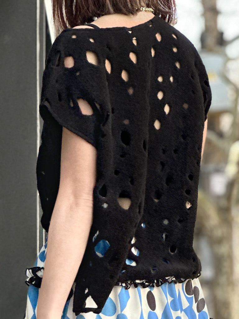 Surprise Sale! Black Polka-Dot Felted Relax Fit Woollen Sleeveless Top