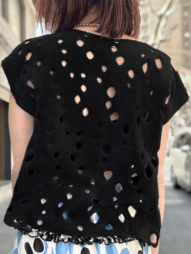 Surprise Sale! Black Polka-Dot Felted Relax Fit Woollen Sleeveless Top