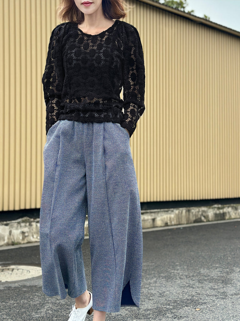 Surprise Sale! Black Dots Round Collar Pleated Shoulder Knit Top